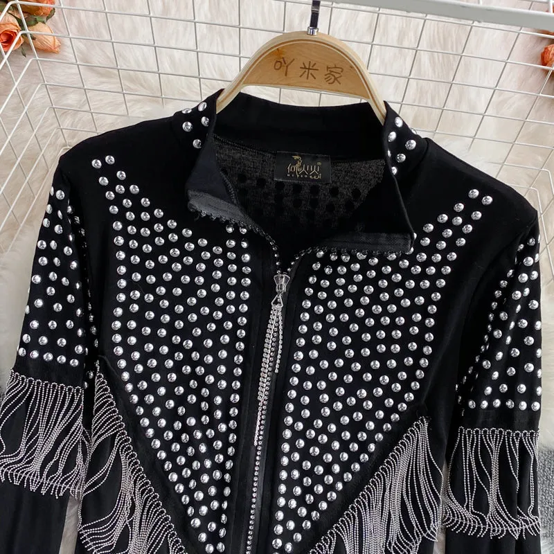 Chic Rhinestone Studded Fringed Cardigan