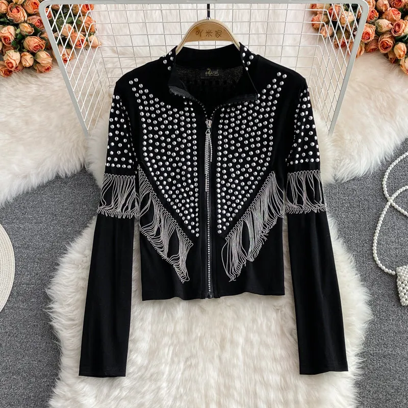 Chic Rhinestone Studded Fringed Cardigan