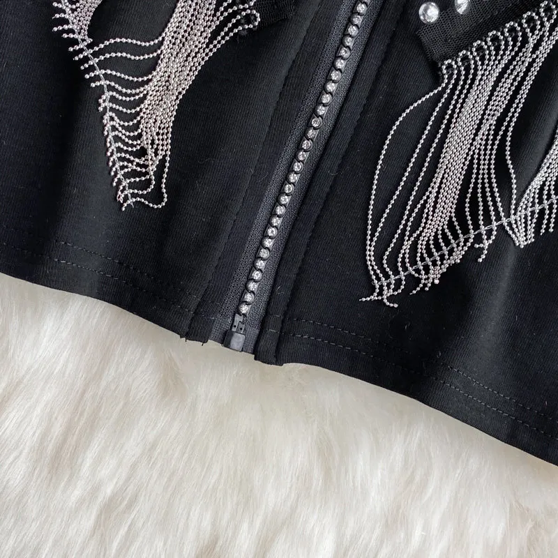 Chic Rhinestone Studded Fringed Cardigan