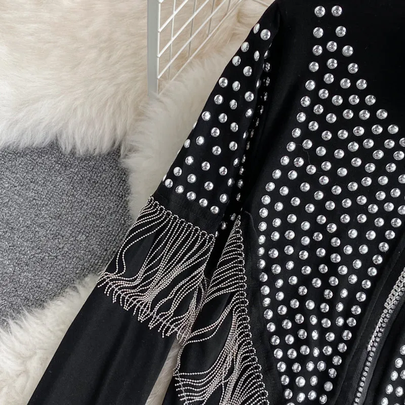 Chic Rhinestone Studded Fringed Cardigan