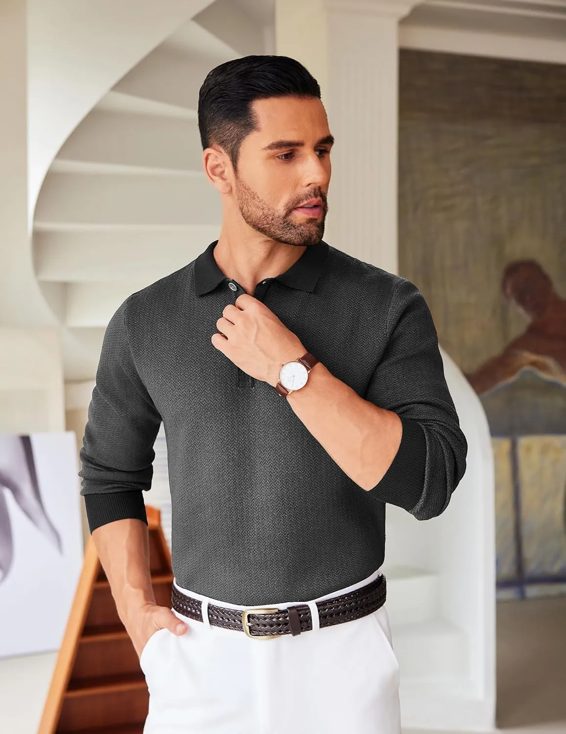 COOFANDY Mens Knit Polo Shirts Casual Long Sleeve Classic Polo Shirts Button Down Golf Shirts