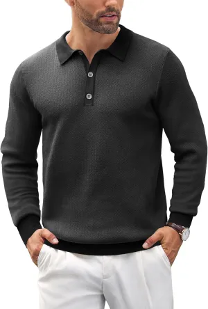 COOFANDY Mens Knit Polo Shirts Casual Long Sleeve Classic Polo Shirts Button Down Golf Shirts
