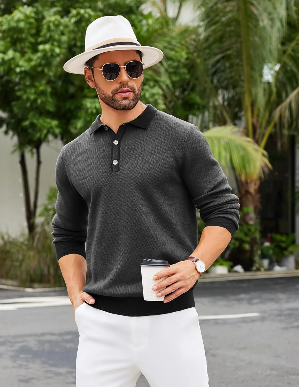 COOFANDY Mens Knit Polo Shirts Casual Long Sleeve Classic Polo Shirts Button Down Golf Shirts
