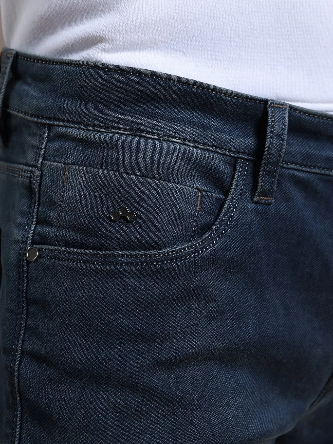 Cotton Stretch Dark Blue Plain Narrow Fit Flat Front Casual Jeans