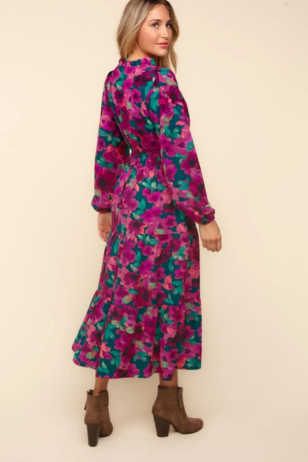 CURVY FLORAL MAXI LENGTH SMOCKED WAIST WOVEN DRESS w/ POCKETS