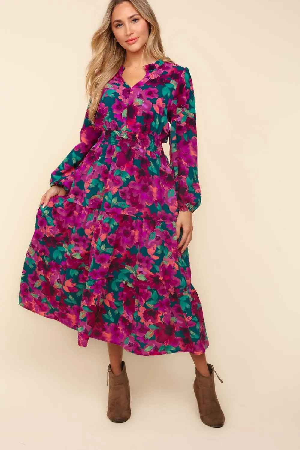 CURVY FLORAL MAXI LENGTH SMOCKED WAIST WOVEN DRESS w/ POCKETS