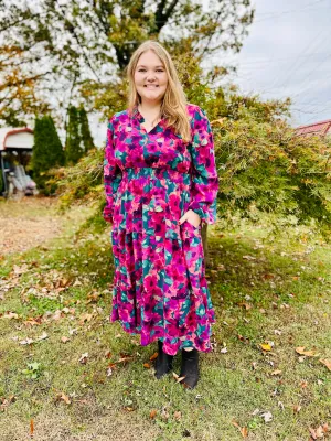CURVY FLORAL MAXI LENGTH SMOCKED WAIST WOVEN DRESS w/ POCKETS