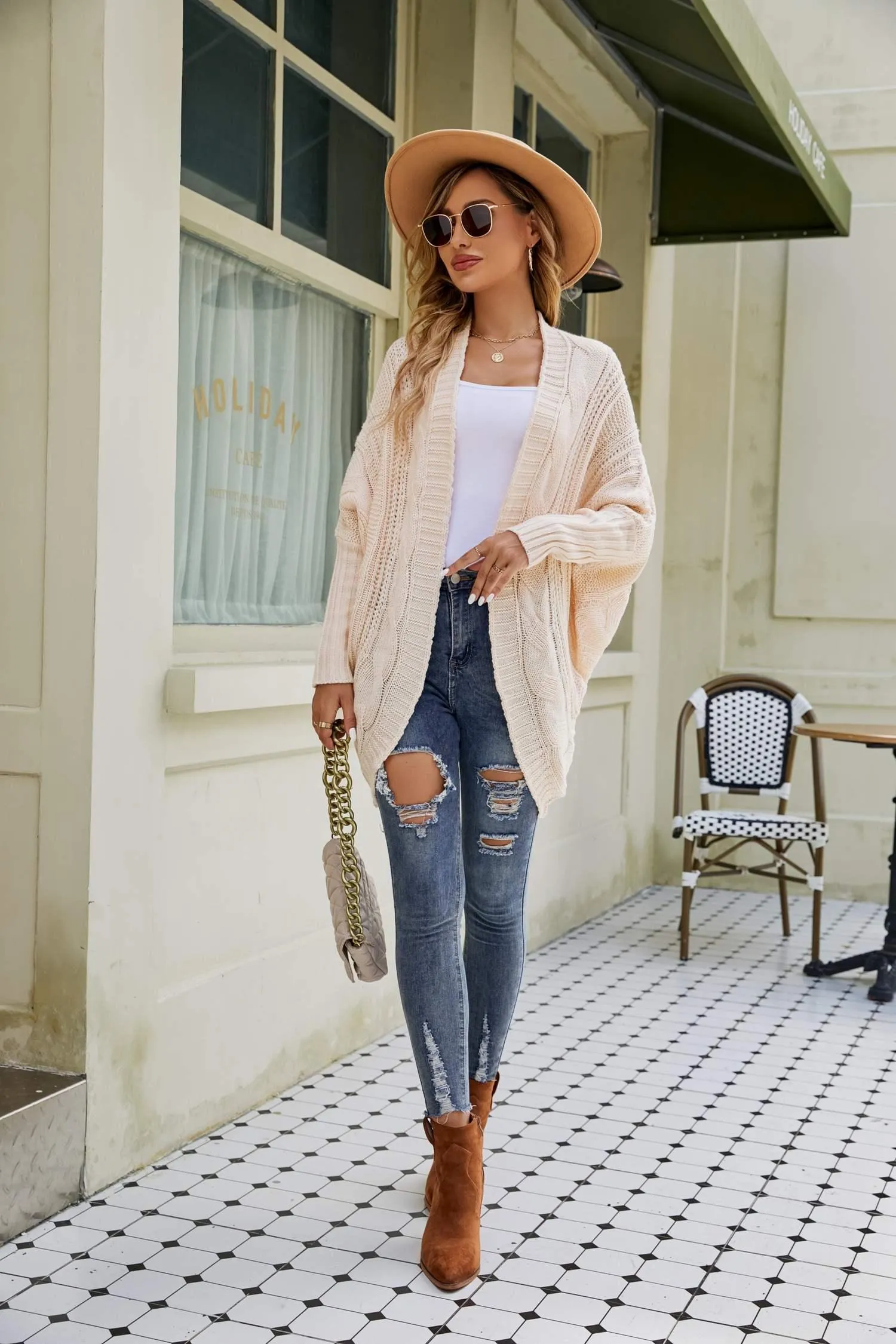 Daily Uplift Mixed Knit Open Front Dolman Sleeve Cardigan