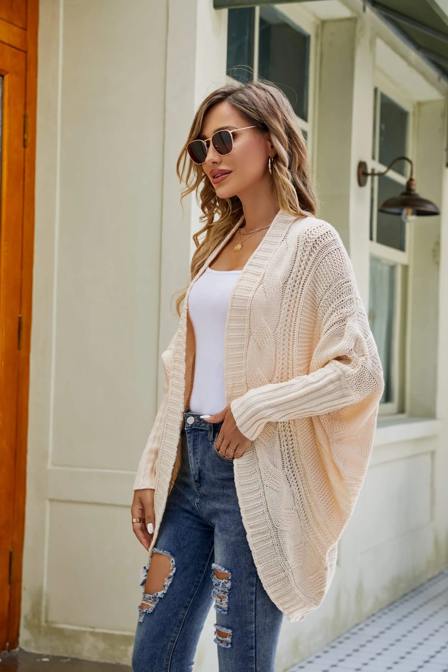 Daily Uplift Mixed Knit Open Front Dolman Sleeve Cardigan
