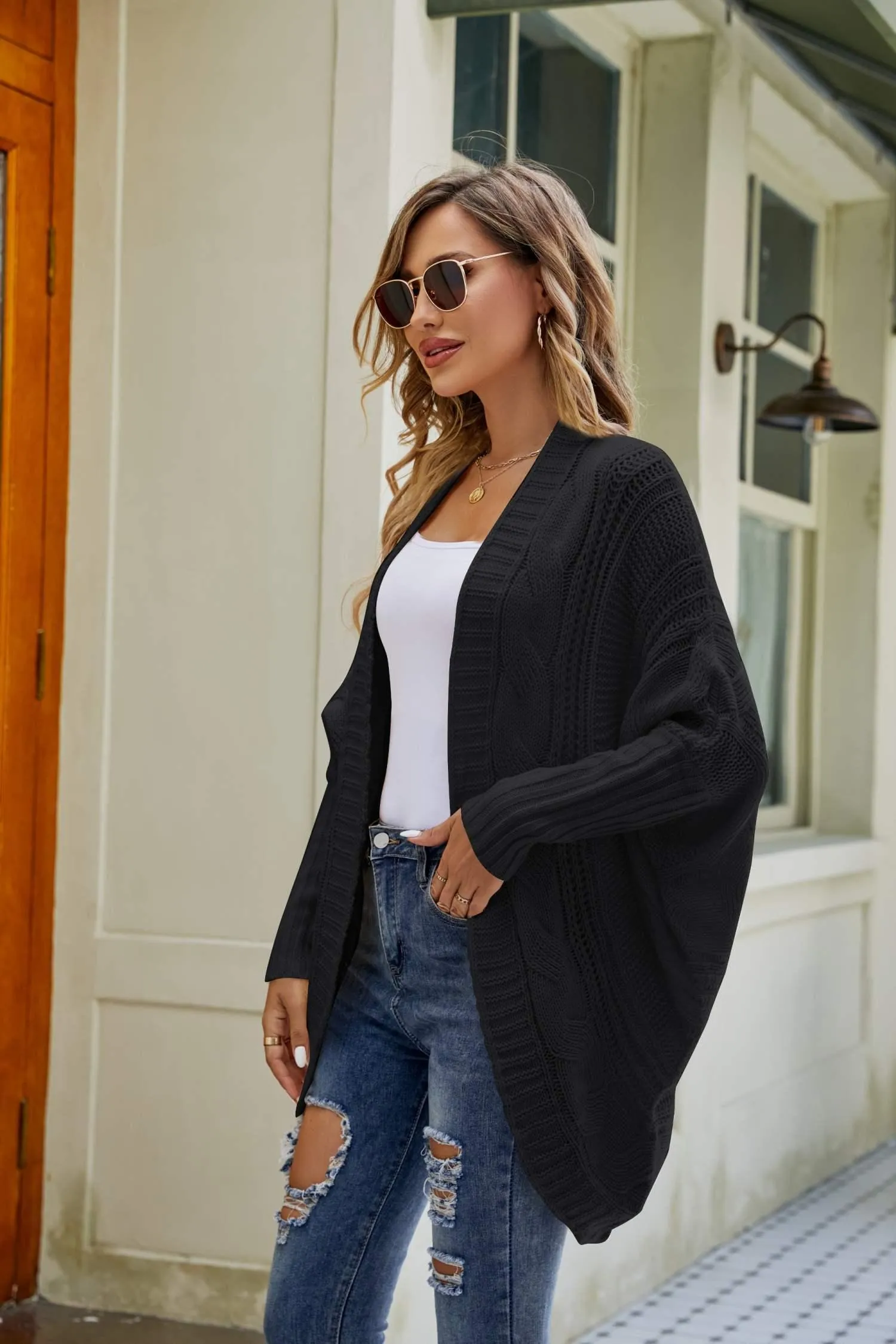 Daily Uplift Mixed Knit Open Front Dolman Sleeve Cardigan