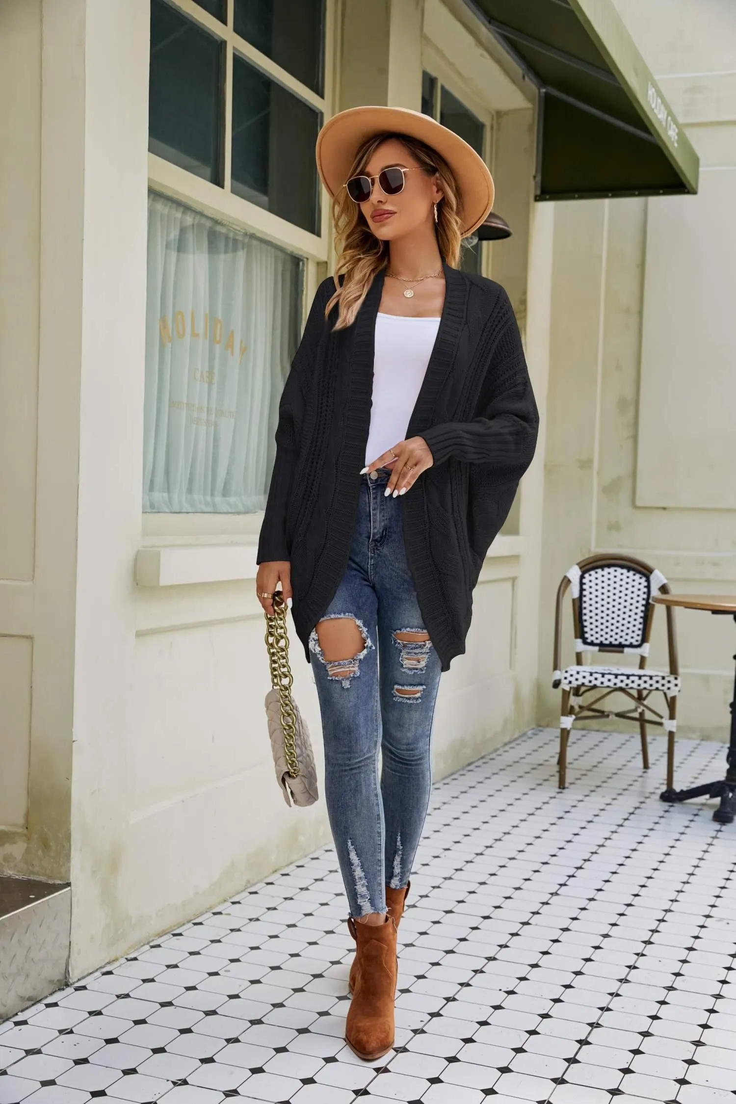 Daily Uplift Mixed Knit Open Front Dolman Sleeve Cardigan