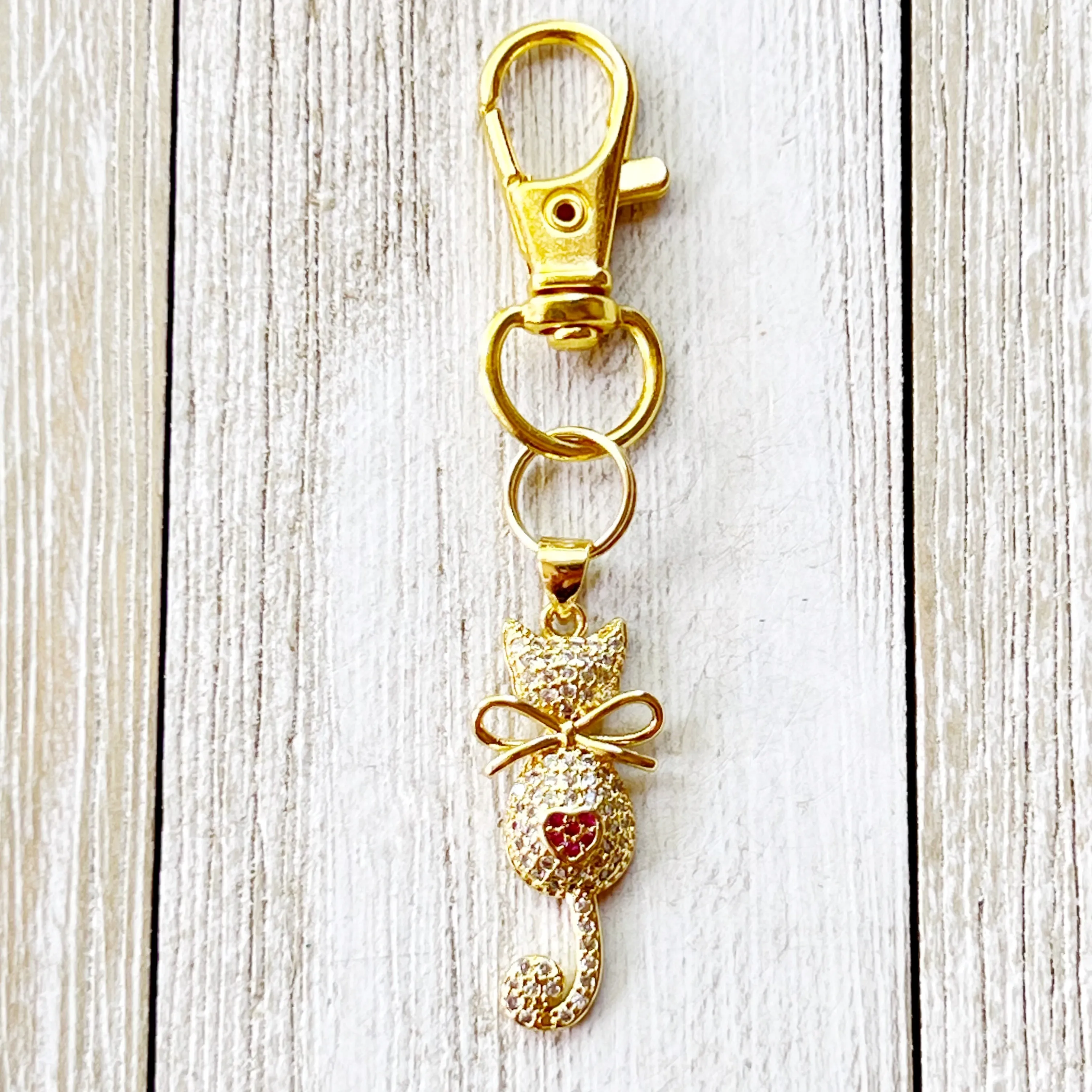 Dainty 18k Gold Plated Cubic Zirconia Cat with Pink Heart Purse Charm - Elegant Accessory