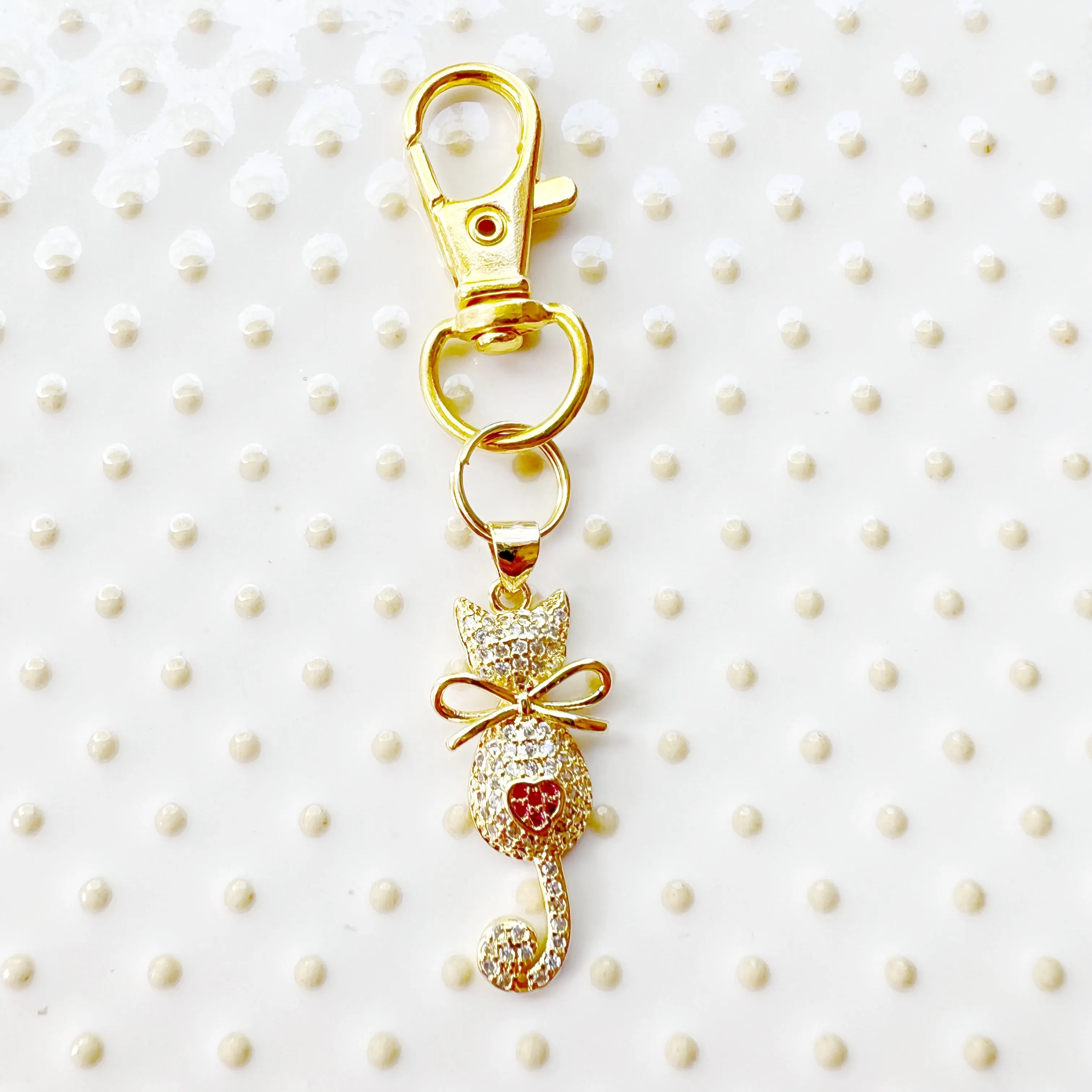 Dainty 18k Gold Plated Cubic Zirconia Cat with Pink Heart Purse Charm - Elegant Accessory