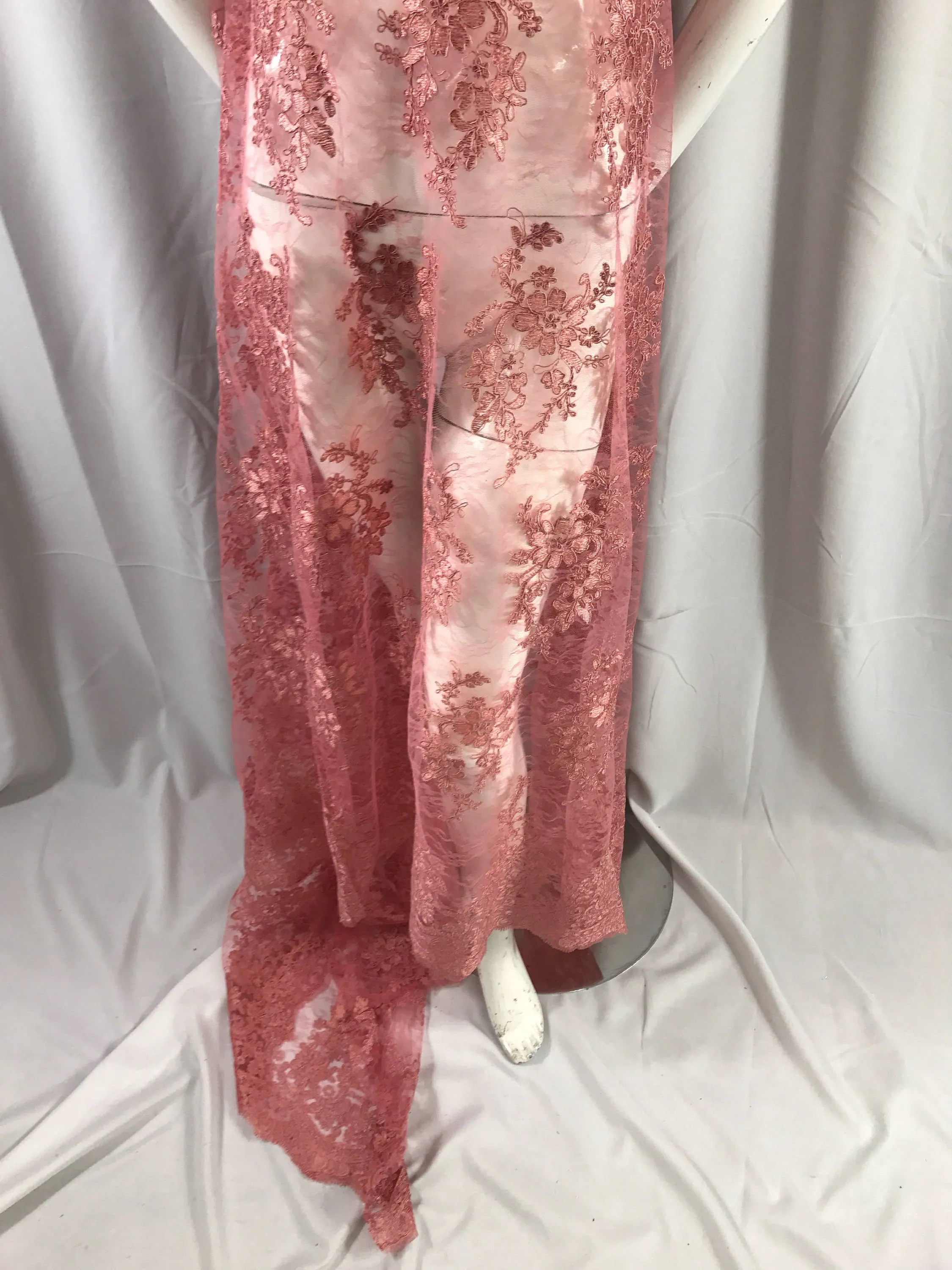 Dusty Rose French corded flowers embroider on a design mesh lace fabric-apparel-fashion-decorations-dresses-sold by the yard-