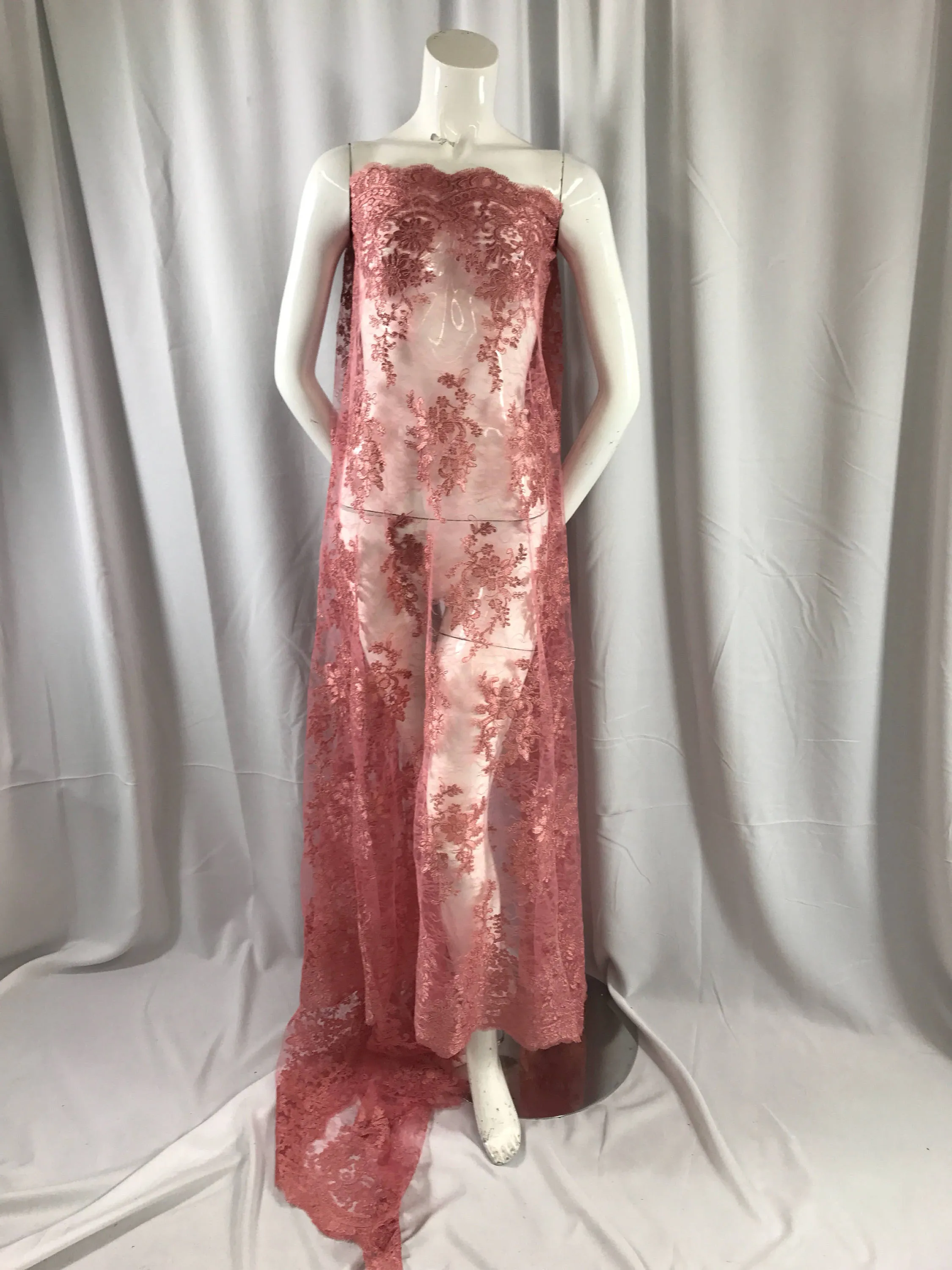 Dusty Rose French corded flowers embroider on a design mesh lace fabric-apparel-fashion-decorations-dresses-sold by the yard-
