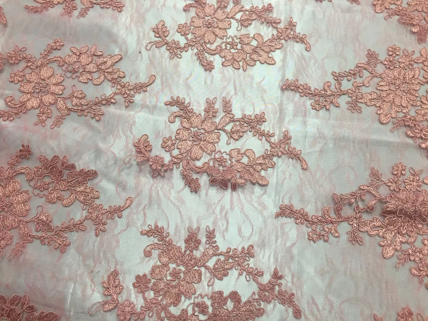 Dusty Rose French corded flowers embroider on a design mesh lace fabric-apparel-fashion-decorations-dresses-sold by the yard-
