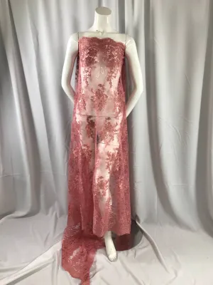 Dusty Rose French corded flowers embroider on a design mesh lace fabric-apparel-fashion-decorations-dresses-sold by the yard-