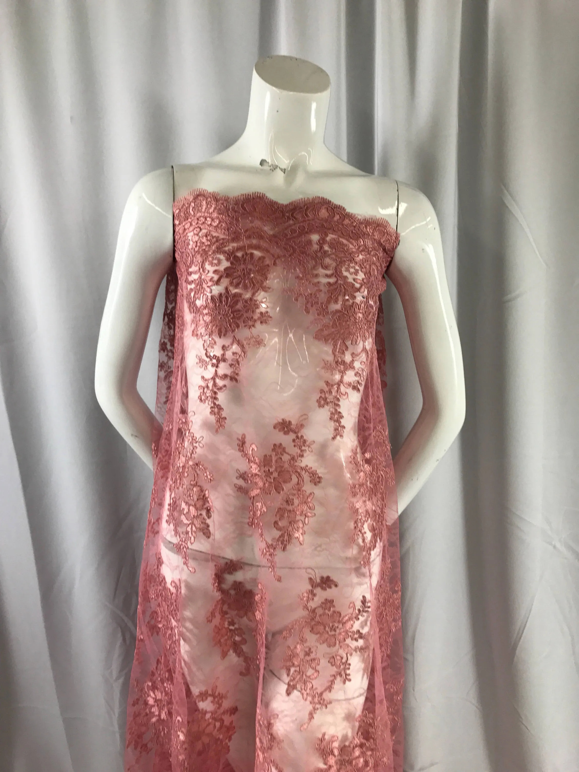 Dusty Rose French corded flowers embroider on a design mesh lace fabric-apparel-fashion-decorations-dresses-sold by the yard-