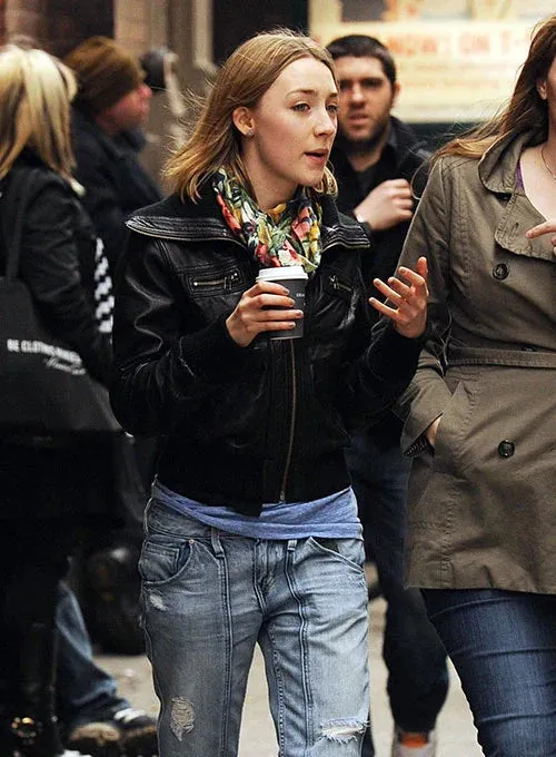 Elegant Black Leather Jacket Worn By Saoirse Ronan | Saoirse Ronan Elegant Leather Jacket