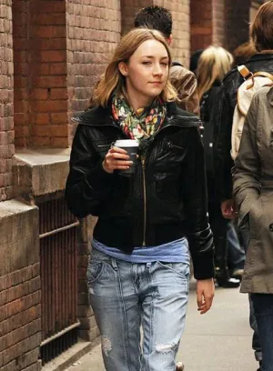 Elegant Black Leather Jacket Worn By Saoirse Ronan | Saoirse Ronan Elegant Leather Jacket