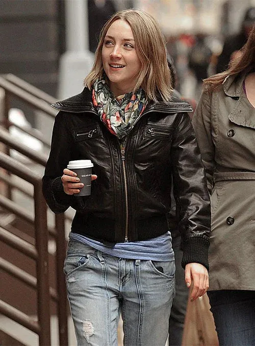 Elegant Black Leather Jacket Worn By Saoirse Ronan | Saoirse Ronan Elegant Leather Jacket