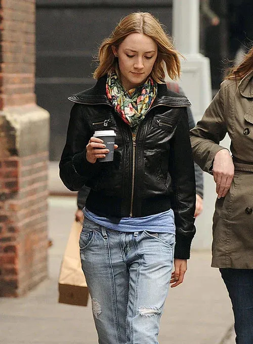 Elegant Black Leather Jacket Worn By Saoirse Ronan | Saoirse Ronan Elegant Leather Jacket