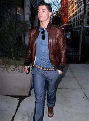Elegant Brown Leather Jacket Worn By Cristiano Ronaldo | Cristiano Ronaldo Elegant Brown Leather Jacket