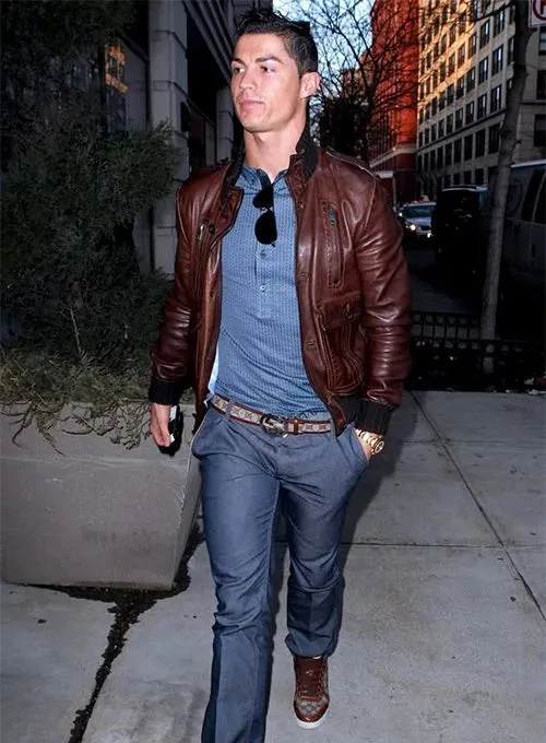 Elegant Brown Leather Jacket Worn By Cristiano Ronaldo | Cristiano Ronaldo Elegant Brown Leather Jacket