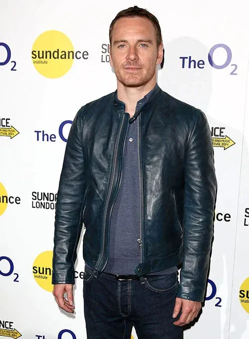 Elegant Navy Blue Leather Jacket Worn By Micheal Fassbender's | Micheal Fassbender's Elegant Navy Blue Leather Jacket