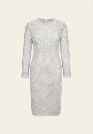 Elegant Silver Lace Long-sleeved Midi Dress
