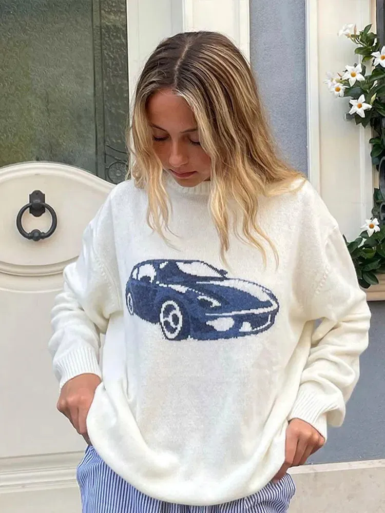 Elegant Sports Car Print Knitted Pullover Women Casual Round Neck Long Sleeves Warm Sweater