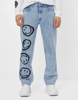 Fashion casual smiley inkjet print jeans