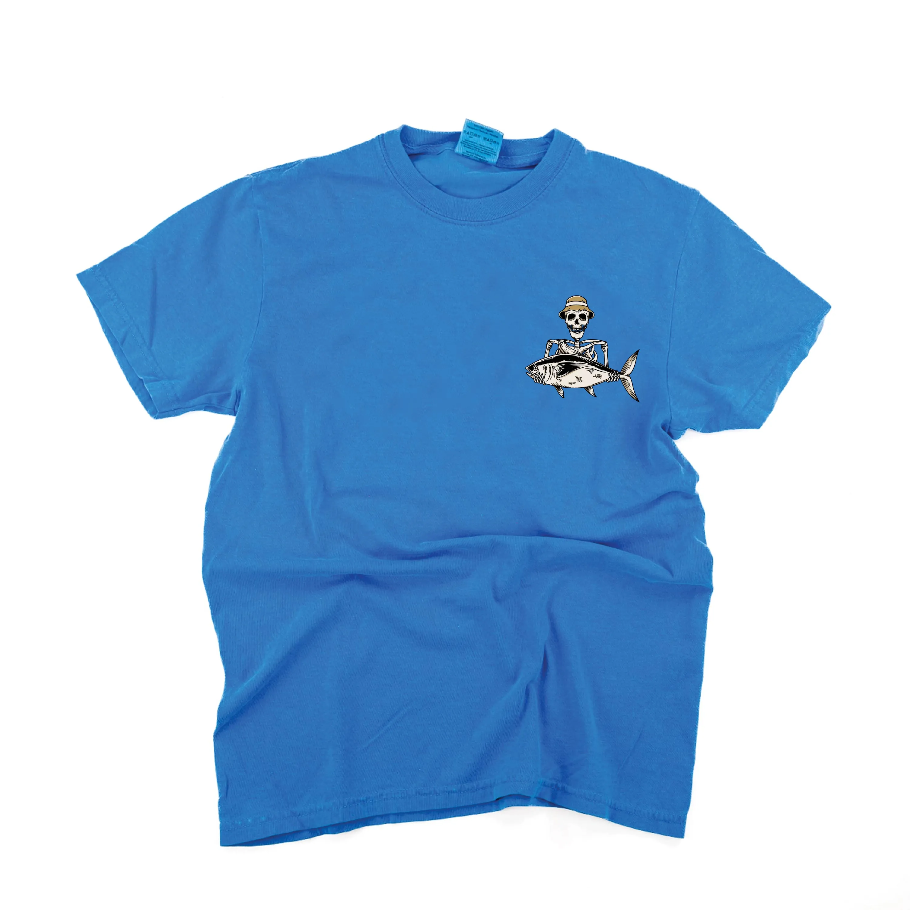 Fishing Skelly Pocket Design on Front w/ Never Give Up on Back - SHORT SLEEVE COMFORT COLORS TEE