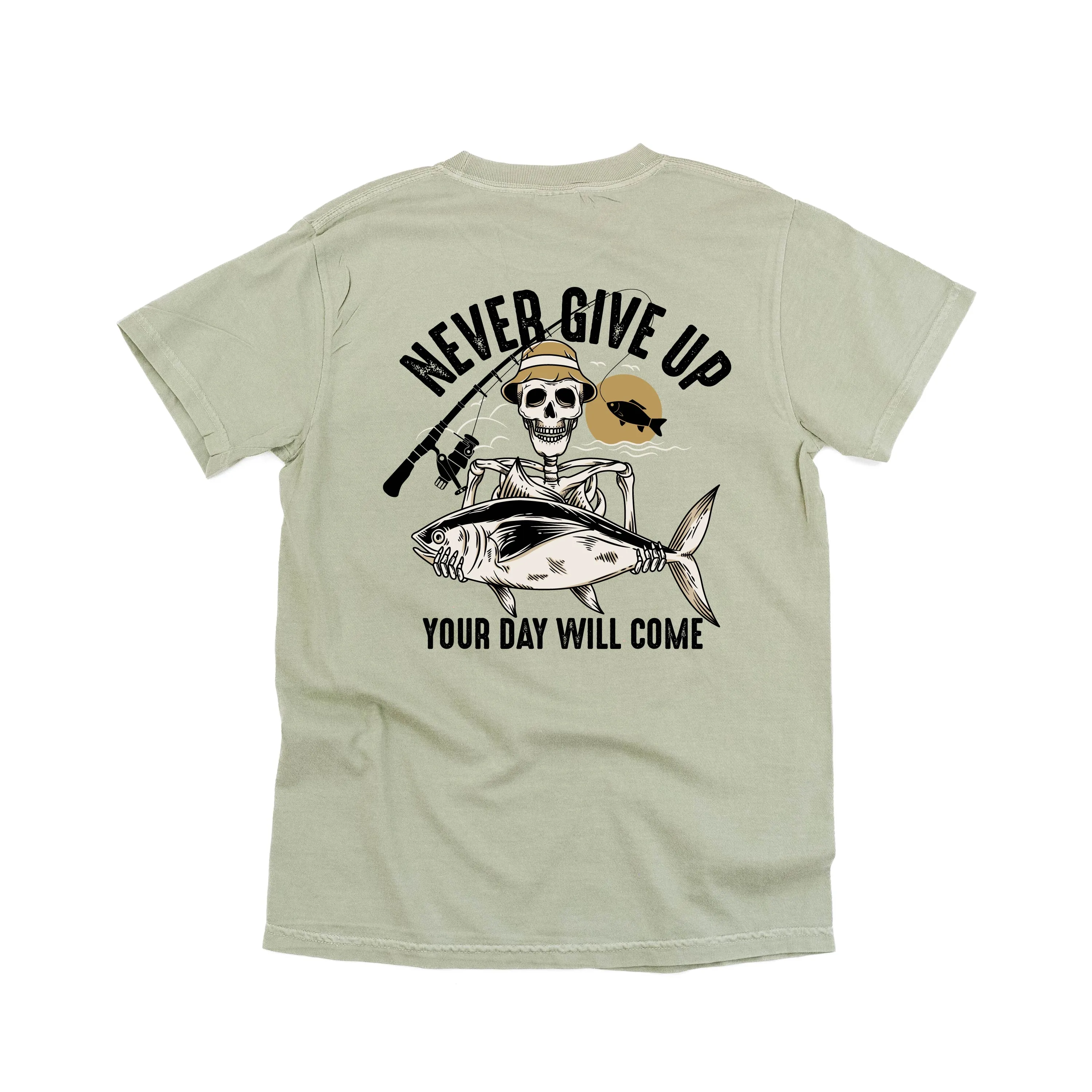Fishing Skelly Pocket Design on Front w/ Never Give Up on Back - SHORT SLEEVE COMFORT COLORS TEE