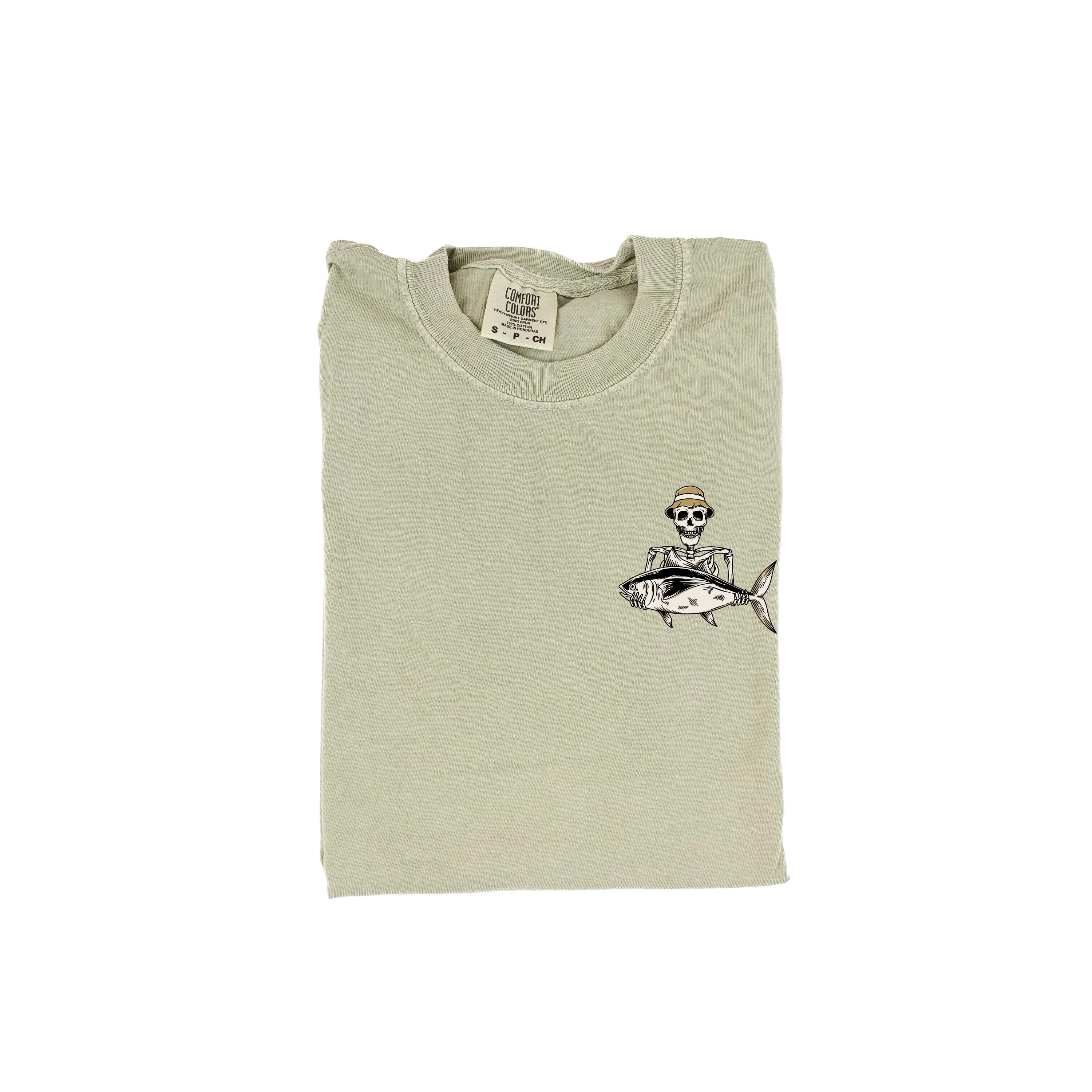 Fishing Skelly Pocket Design on Front w/ Never Give Up on Back - SHORT SLEEVE COMFORT COLORS TEE