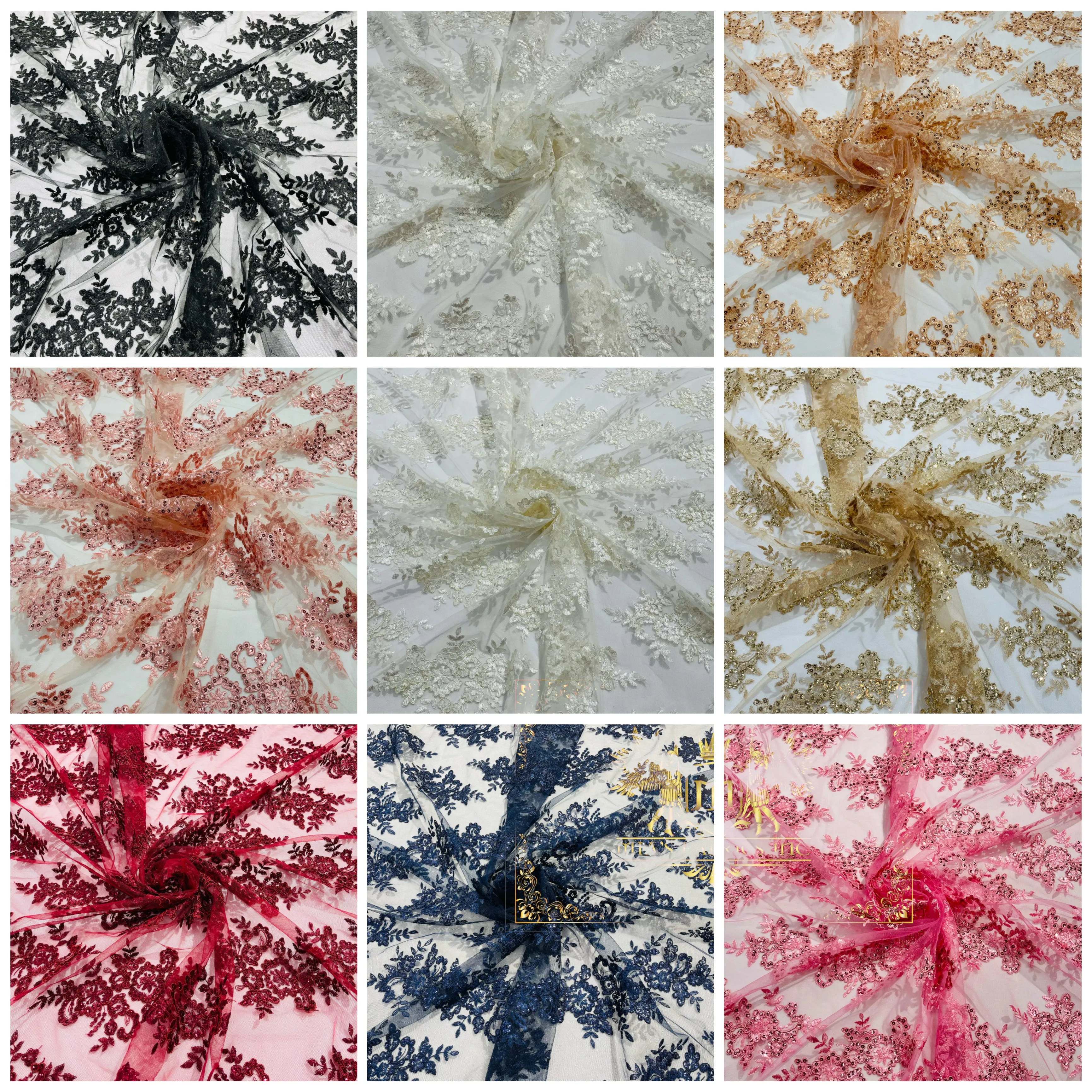 Flower Lace Fabric - by yard - Floral Clusters Embroidered Lace Mesh Fabric
