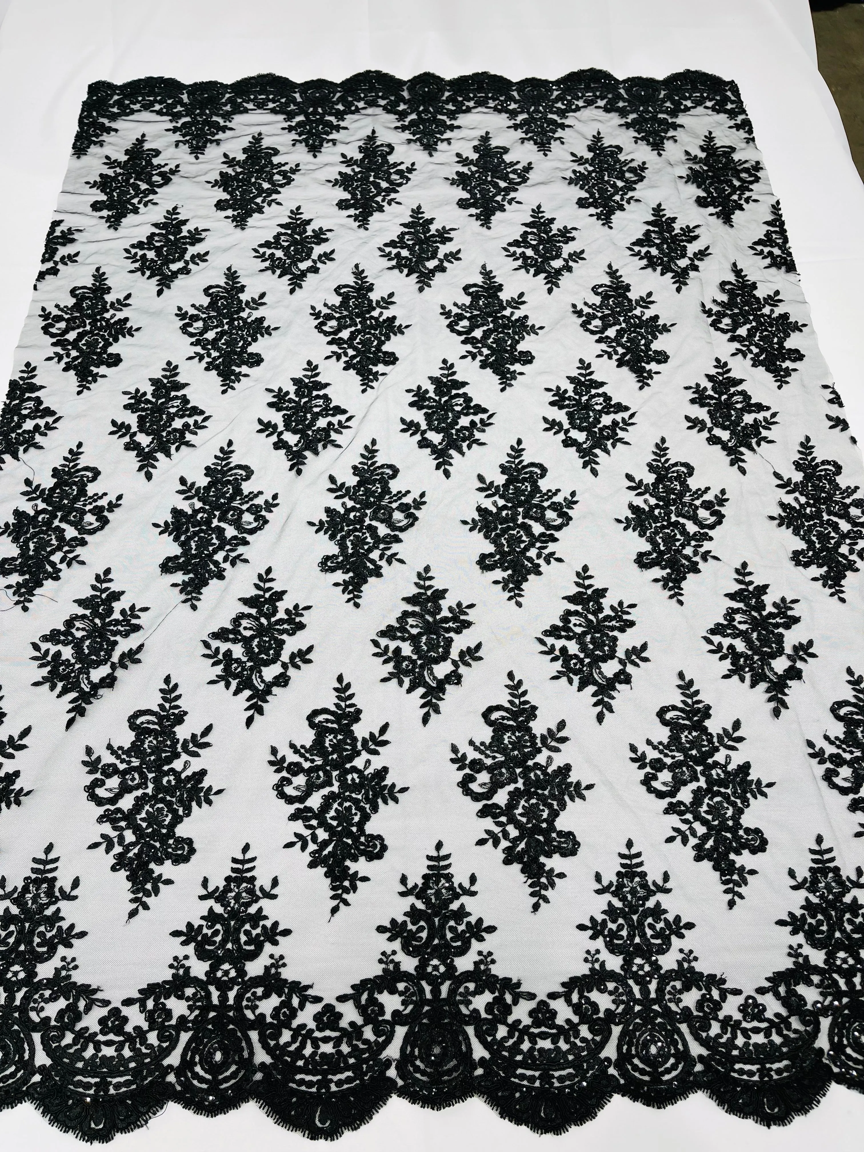 Flower Lace Fabric - by yard - Floral Clusters Embroidered Lace Mesh Fabric