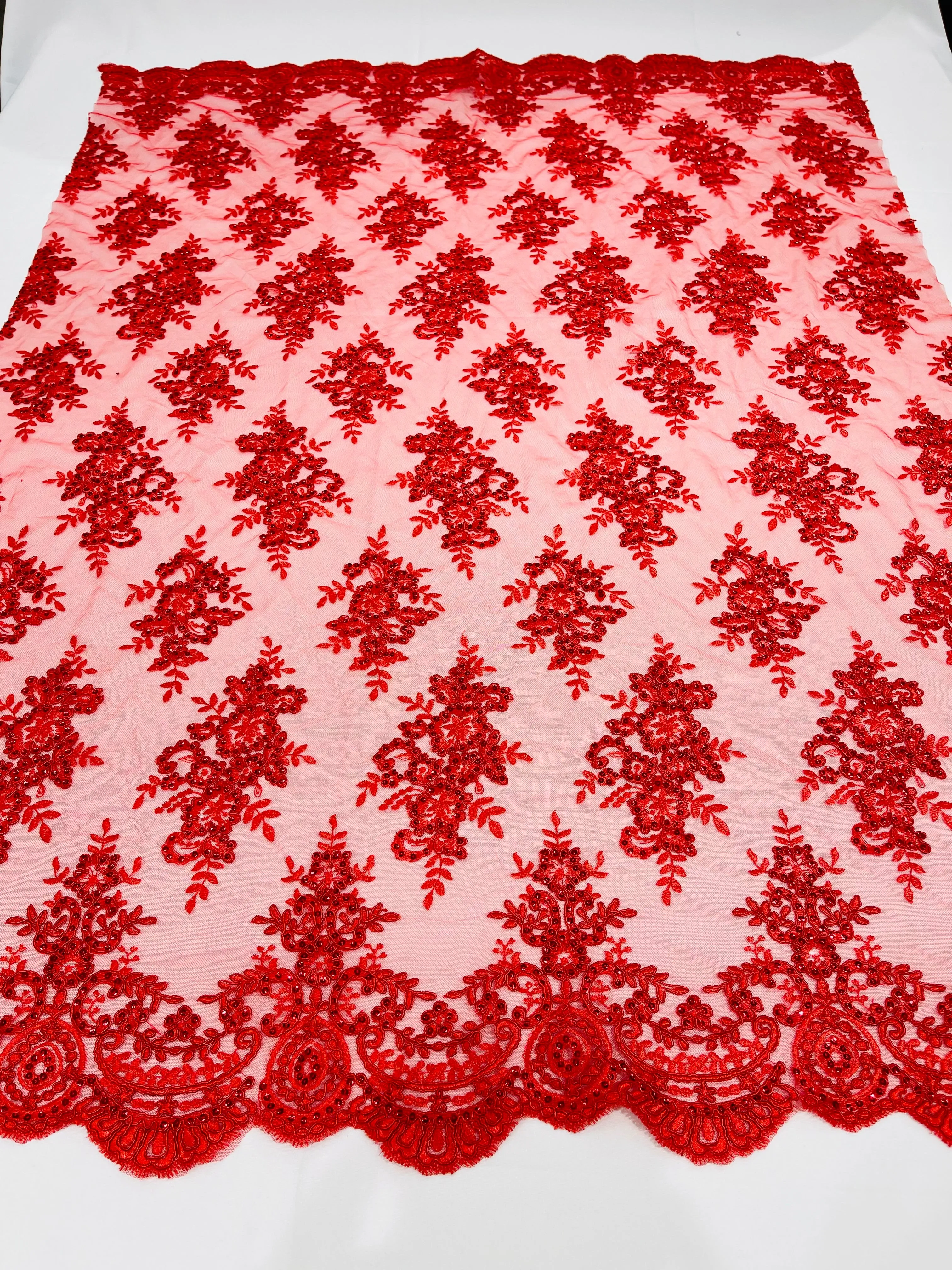 Flower Lace Fabric - by yard - Floral Clusters Embroidered Lace Mesh Fabric