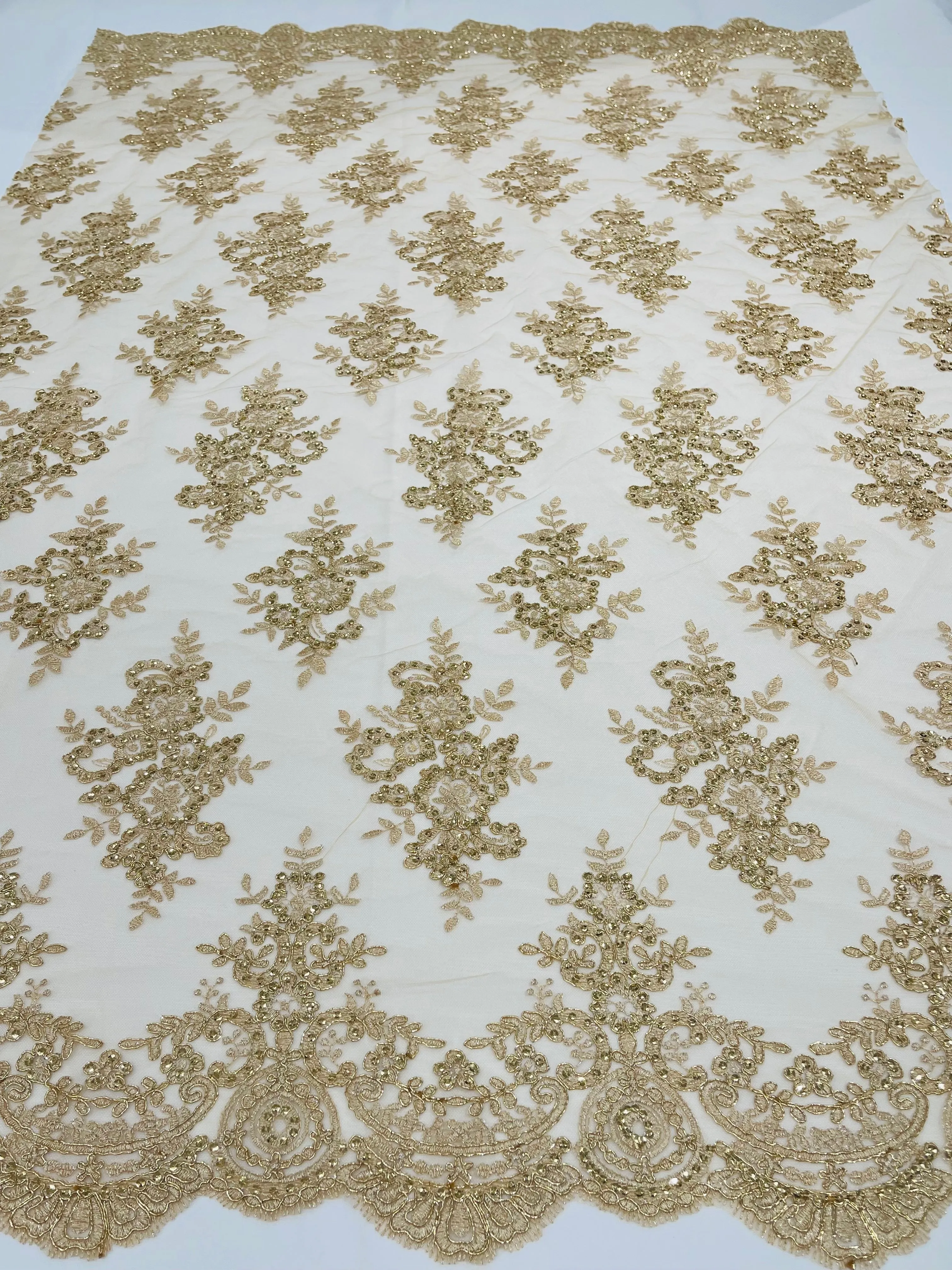 Flower Lace Fabric - by yard - Floral Clusters Embroidered Lace Mesh Fabric