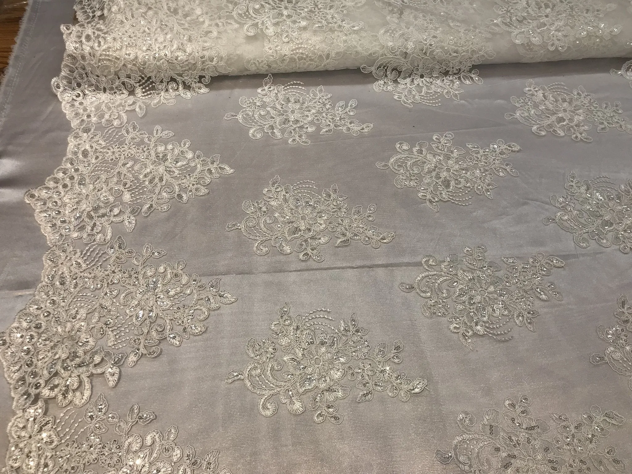 Flower Lace Fabric - Ivory Floral Clusters Embroidered Lace Mesh Fabric Sold By The Yard