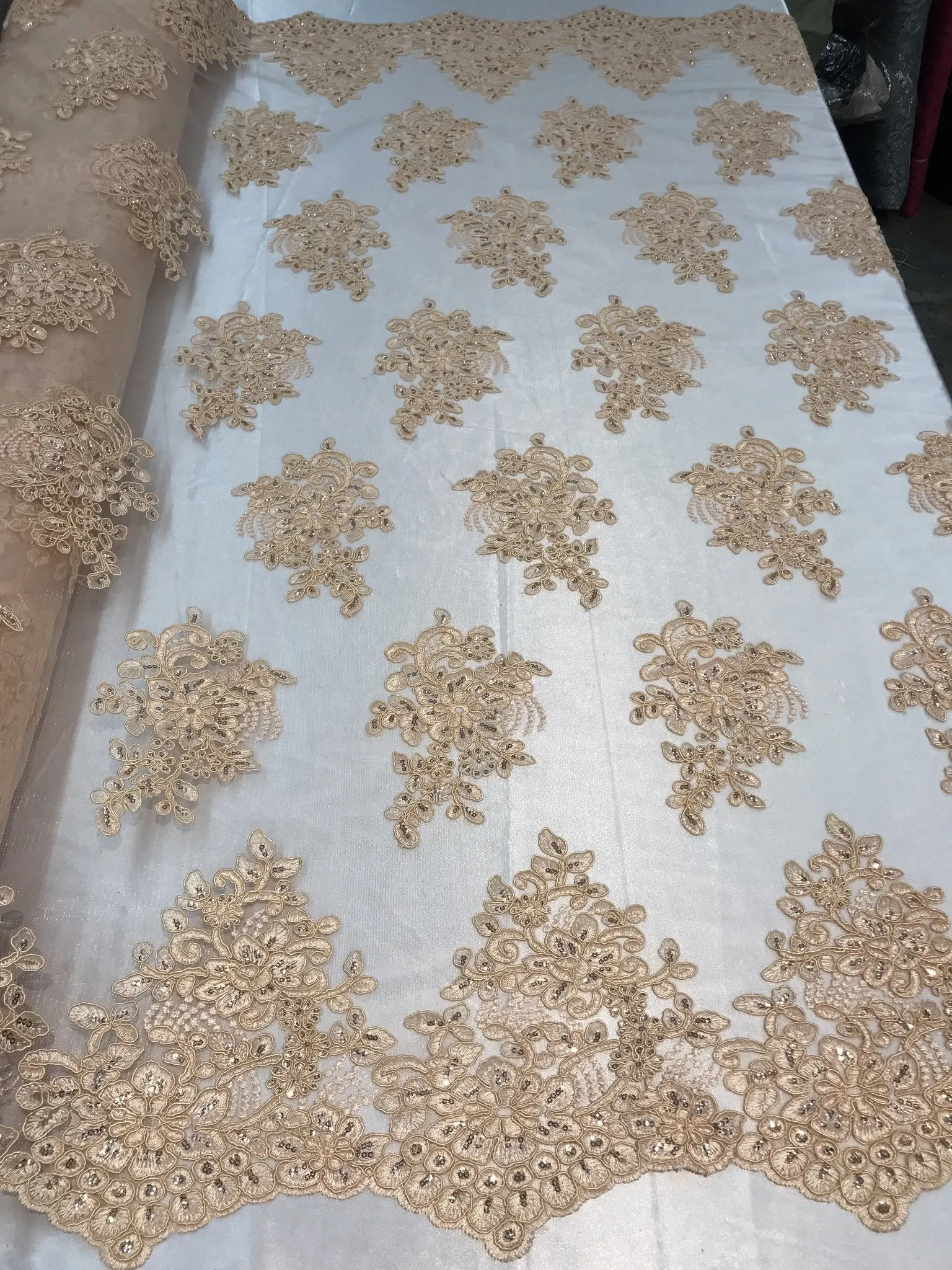 Flower Lace Fabric - Peach Floral Clusters Embroidered Lace Mesh Fabric Sold By The Yard