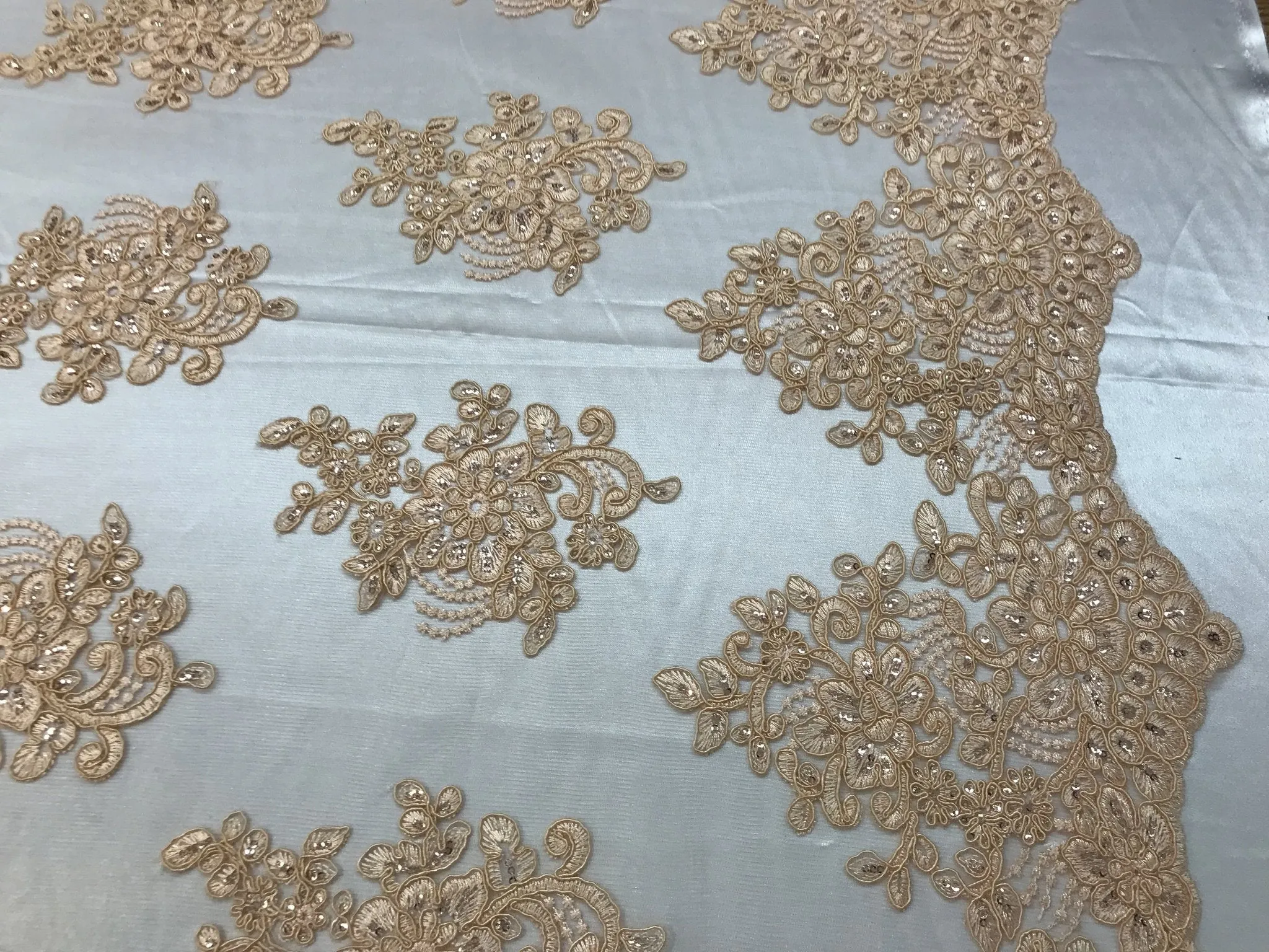 Flower Lace Fabric - Peach Floral Clusters Embroidered Lace Mesh Fabric Sold By The Yard