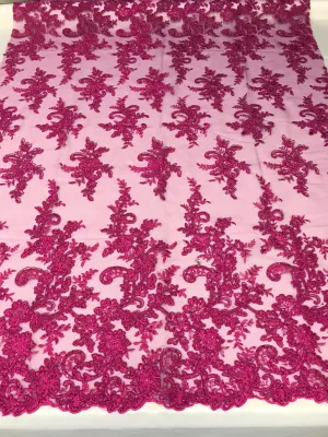 Fuchsia Flower Lace Fabric - Floral Clusters Embroidered With sequins on a Mesh Lace Fabric Sold By The Yard