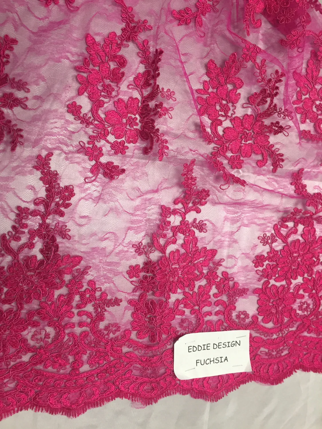 Fuchsia french corded flowers embroider on a design mesh lace fabric-sold by the yard-