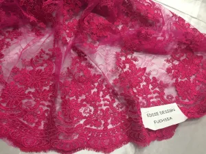 Fuchsia french corded flowers embroider on a design mesh lace fabric-sold by the yard-