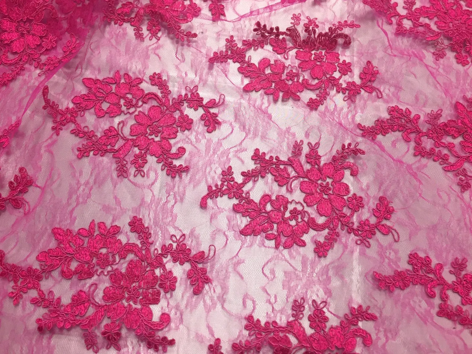 Fuchsia french corded flowers embroider on a design mesh lace fabric-sold by the yard-