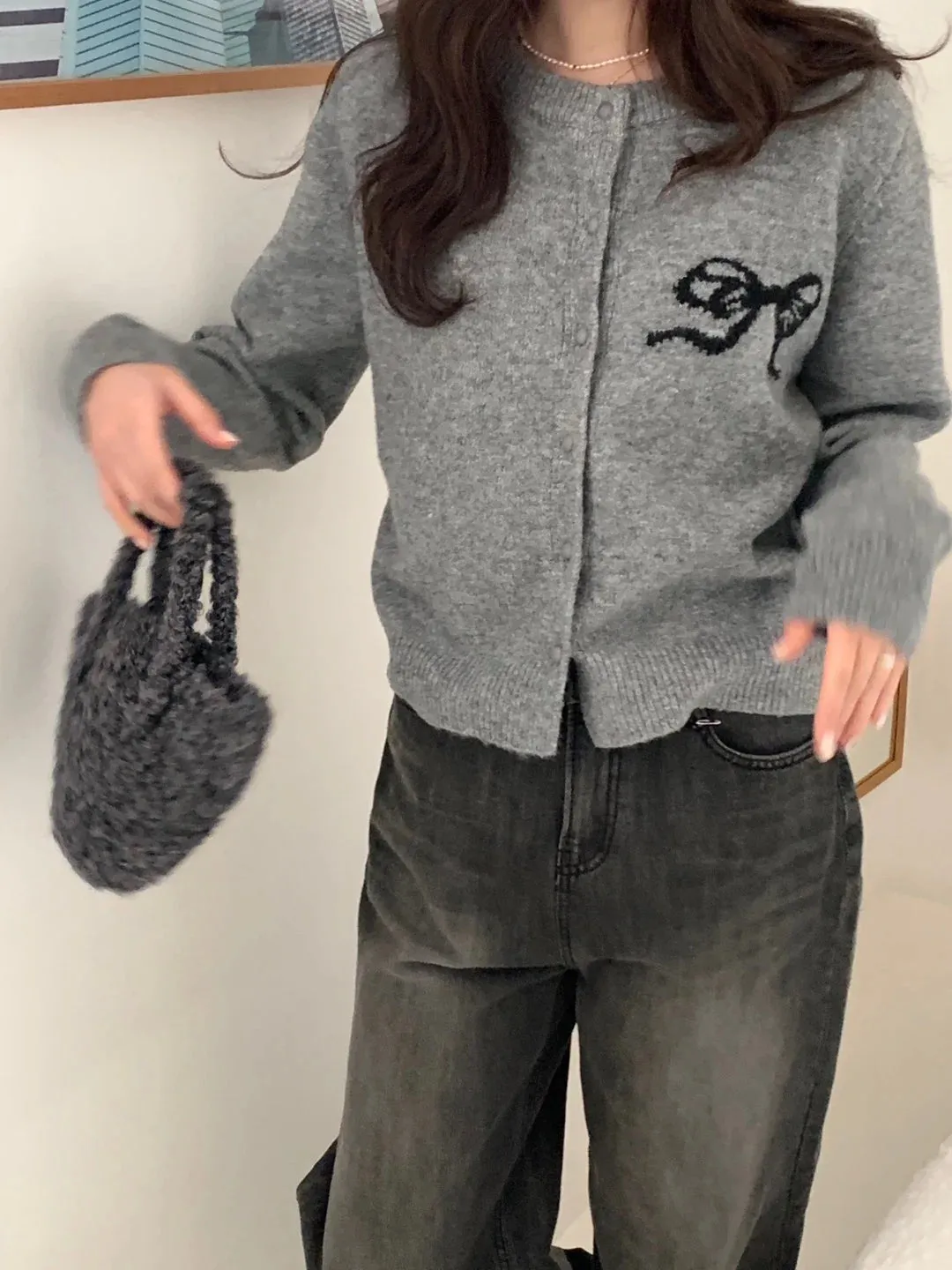 Girlary Korea Chic Spring Bow Embroidery Knitted Cardigans Women 2024 New Fashion Single Breasted O-neck jacquard Sweater Knitwear Coat