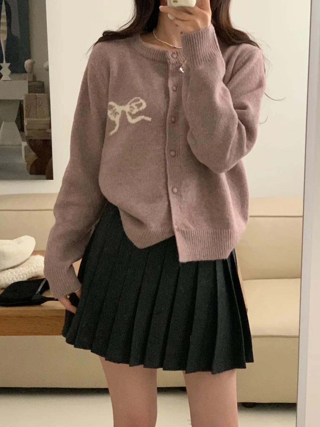 Girlary Korea Chic Spring Bow Embroidery Knitted Cardigans Women 2024 New Fashion Single Breasted O-neck jacquard Sweater Knitwear Coat