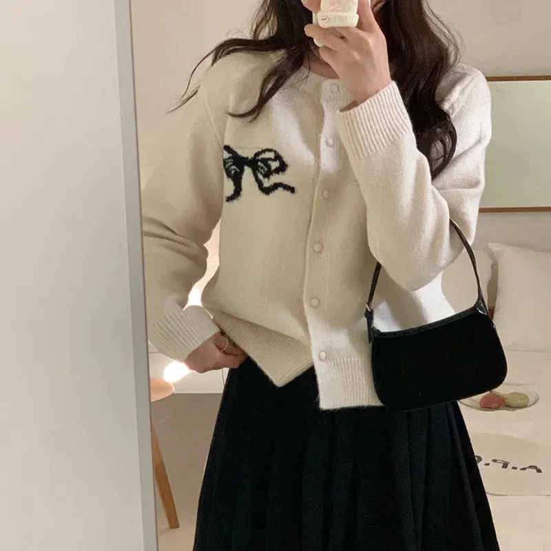 Girlary Korea Chic Spring Bow Embroidery Knitted Cardigans Women 2024 New Fashion Single Breasted O-neck jacquard Sweater Knitwear Coat