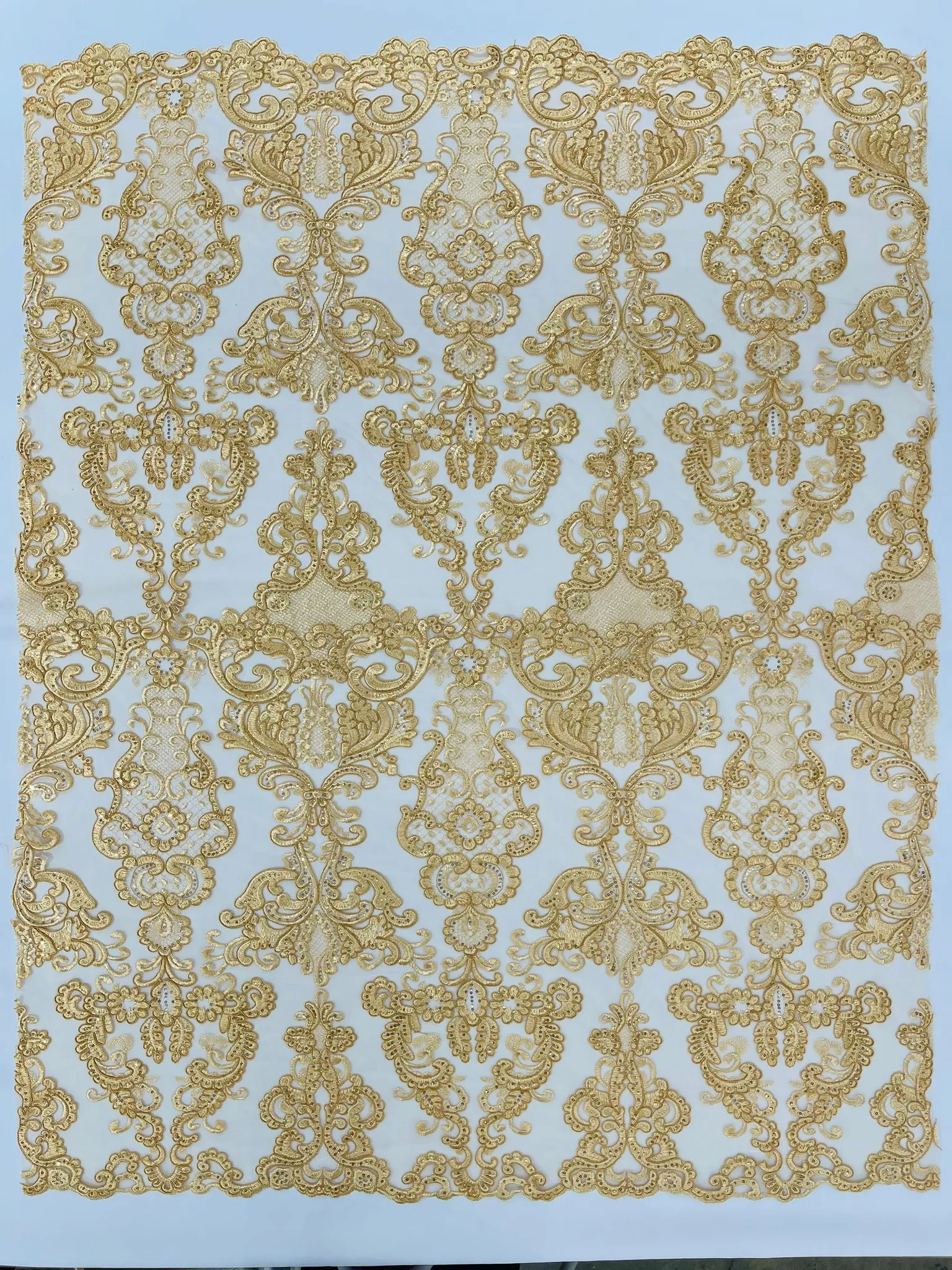 Gold Embroidery Damask Design With Sequins On A Mesh Lace Fabric/Prom/Wedding